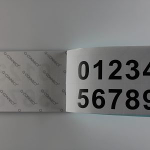 Numerki dowodowe samoprzylepne (21x38mm), zakres 0-9, czarne cyfry na białym tle, 25 ark